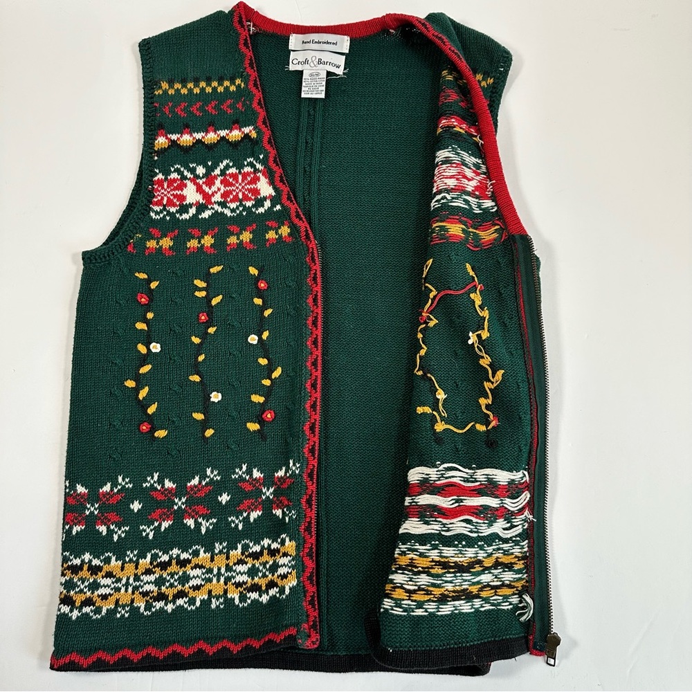 Vintage Croft & Barrow Embroidered Holiday Sweater Vest M Pine Green Zip Front - Picture 6 of 9